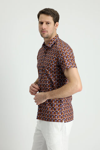  Koyu Bordo Kısa Kol Slim Fit Dar Kesim Baskılı Pamuk Gömlek