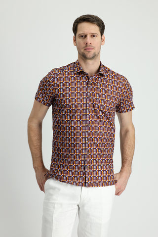  Koyu Bordo Kısa Kol Slim Fit Dar Kesim Baskılı Pamuk Gömlek