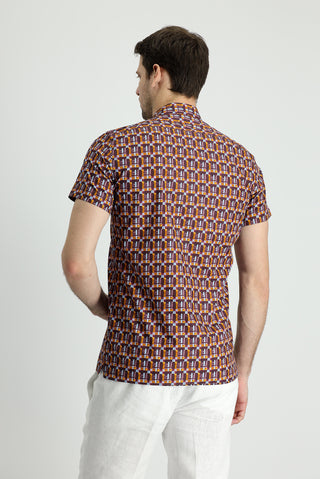  Koyu Bordo Kısa Kol Slim Fit Dar Kesim Baskılı Pamuk Gömlek