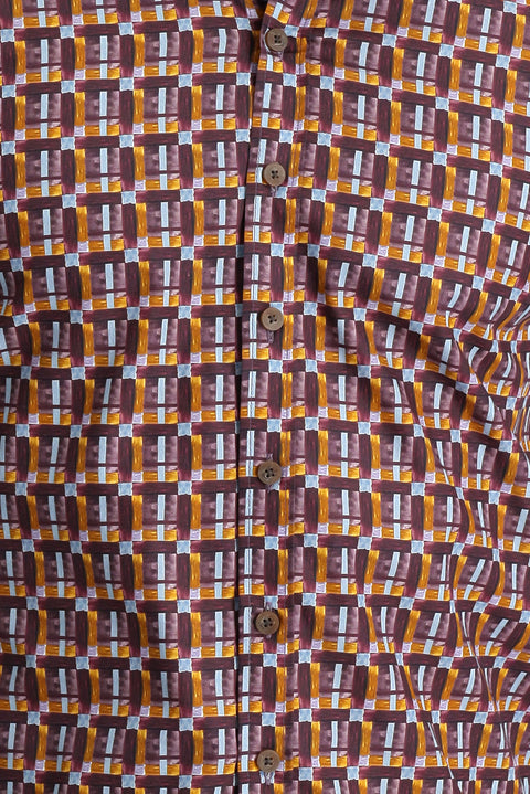 Koyu Bordo Kısa Kol Slim Fit Dar Kesim Baskılı Pamuk Gömlek