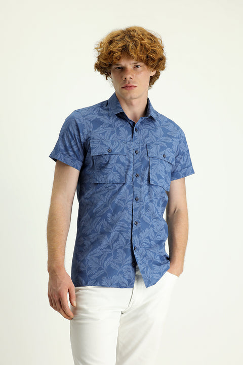 Koyu Mavi  Kısa Kol Slim Fit Dar Kesim Baskılı Pamuk Gömlek