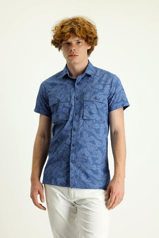  Koyu Mavi  Kısa Kol Slim Fit Dar Kesim Baskılı Pamuk Gömlek