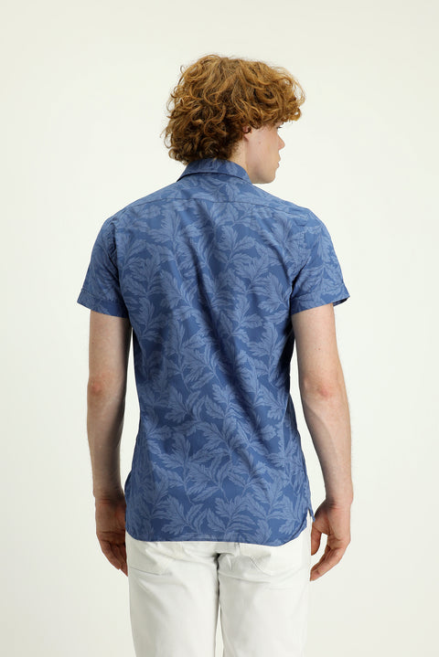 Koyu Mavi  Kısa Kol Slim Fit Dar Kesim Baskılı Pamuk Gömlek