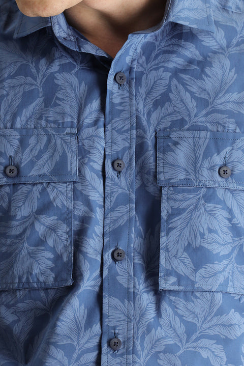 Koyu Mavi  Kısa Kol Slim Fit Dar Kesim Baskılı Pamuk Gömlek