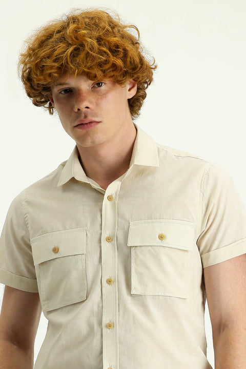 Krem Kısa Kol Slim Fit Dar Kesim Baskılı Pamuk Gömlek