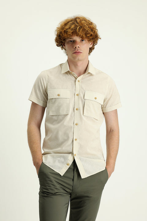 Krem Kısa Kol Slim Fit Dar Kesim Baskılı Pamuk Gömlek