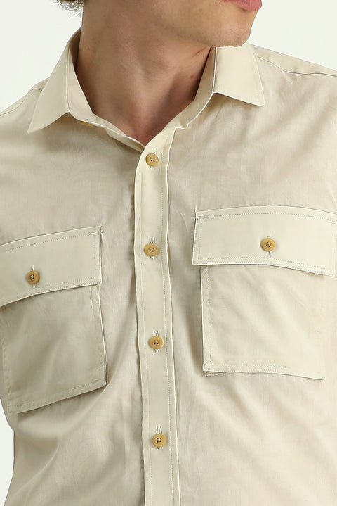 Krem Kısa Kol Slim Fit Dar Kesim Baskılı Pamuk Gömlek