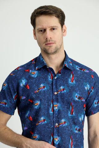  Koyu Mavi  Kısa Kol Slim Fit Dar Kesim Baskılı Pamuk Gömlek