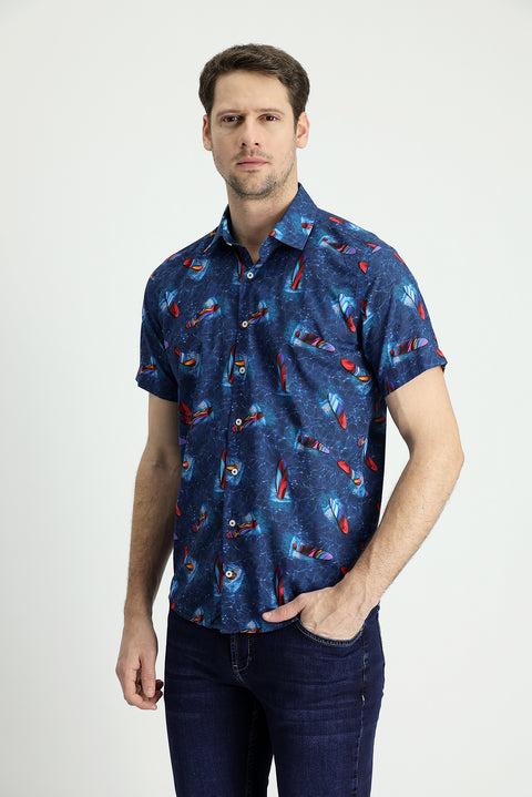 Koyu Mavi  Kısa Kol Slim Fit Dar Kesim Baskılı Pamuk Gömlek