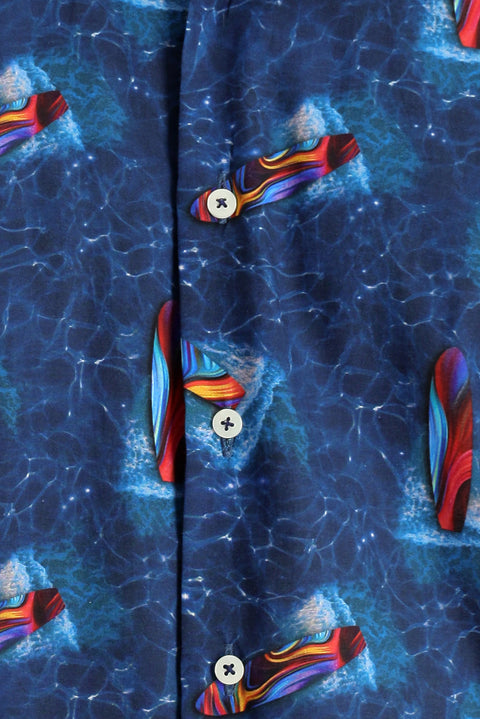 Koyu Mavi  Kısa Kol Slim Fit Dar Kesim Baskılı Pamuk Gömlek