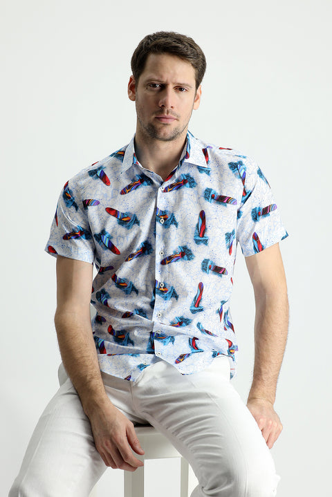 Beyaz Kısa Kol Slim Fit Dar Kesim Baskılı Pamuk Gömlek