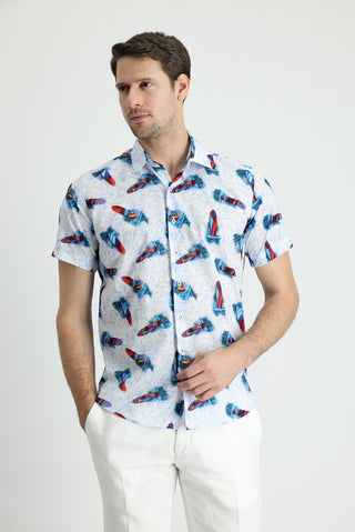  Beyaz Kısa Kol Slim Fit Dar Kesim Baskılı Pamuk Gömlek