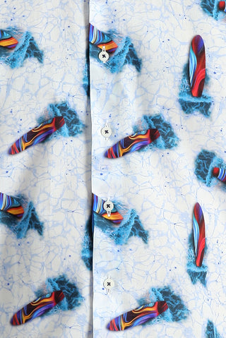  Beyaz Kısa Kol Slim Fit Dar Kesim Baskılı Pamuk Gömlek