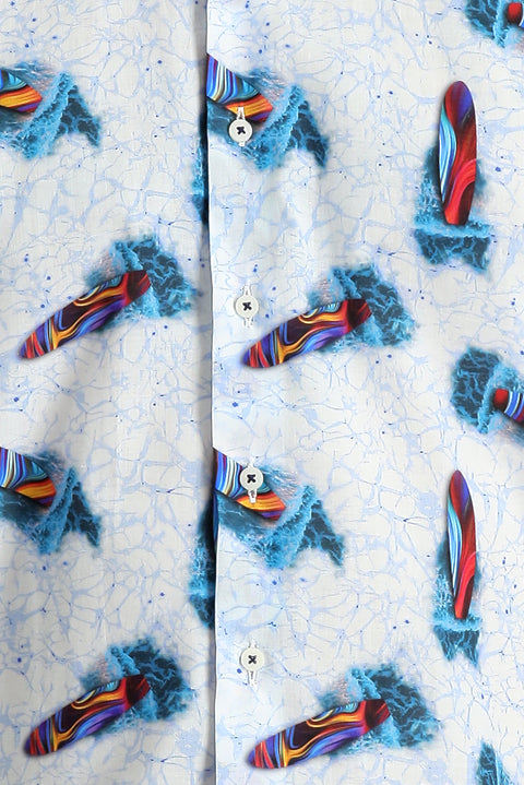 Beyaz Kısa Kol Slim Fit Dar Kesim Baskılı Pamuk Gömlek