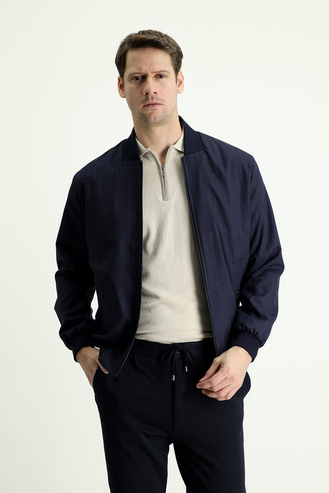 Koyu Lacivert Slim Fit Dar Kesim Ribanalı Mevsimlik Spor Mont