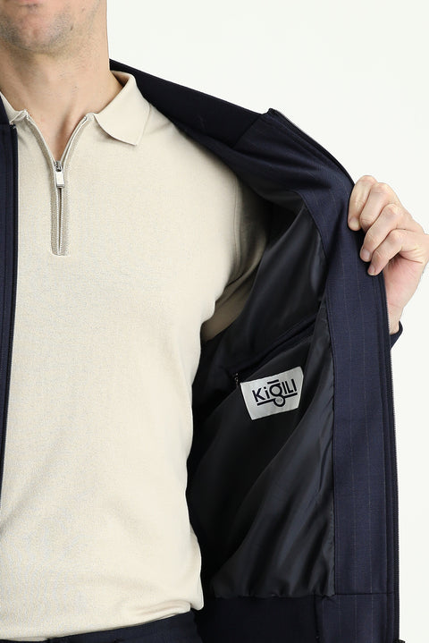 Koyu Lacivert Slim Fit Dar Kesim Ribanalı Mevsimlik Spor Mont