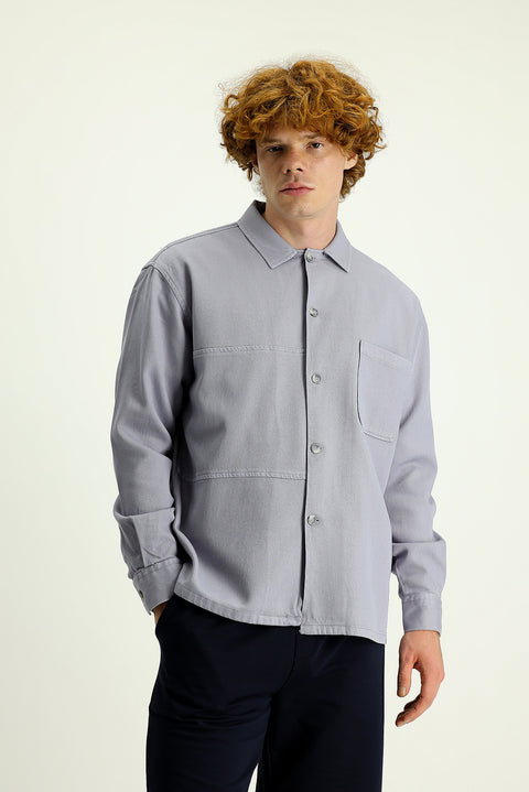 Orta Gri Uzun Kol Cepli Oversize Pamuk Gömlek