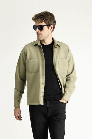  Açık Haki Uzun Kol Oversize Keten Karışımlı Shacket Gömlek / Mont