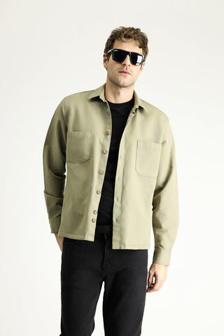  Açık Haki Uzun Kol Oversize Keten Karışımlı Shacket Gömlek / Mont