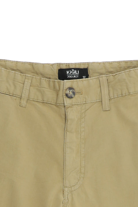 Orta Bej 7 Drop Slim Fit Dar Kesim Pamuklu Bermuda Şort