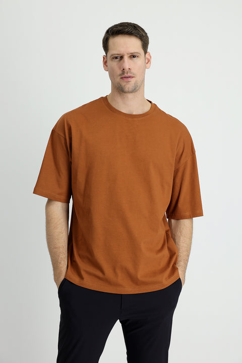 Tan Crew Neck Oversize Supreme Cotton T-Shirt