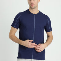 Orta Lacivert Bisiklet Yaka Regular Fit Desenli Pamuklu Tişört