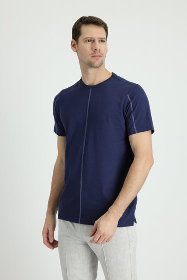 Orta Lacivert Bisiklet Yaka Regular Fit Desenli Pamuklu Tişört