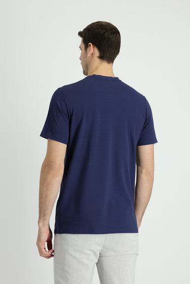 Orta Lacivert Bisiklet Yaka Regular Fit Desenli Pamuklu Tişört