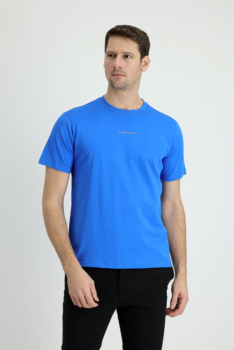 Çivit Mavisi Bisiklet Yaka Regular Fit Baskılı Pamuk Tişört