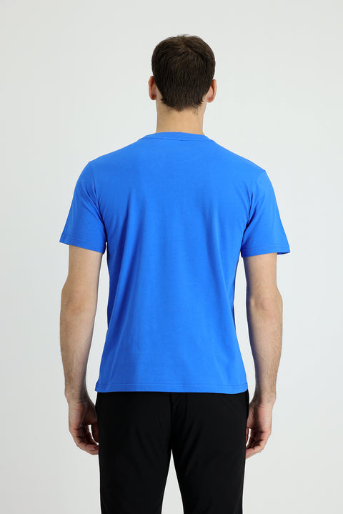 Çivit Mavisi Bisiklet Yaka Regular Fit Baskılı Pamuk Tişört