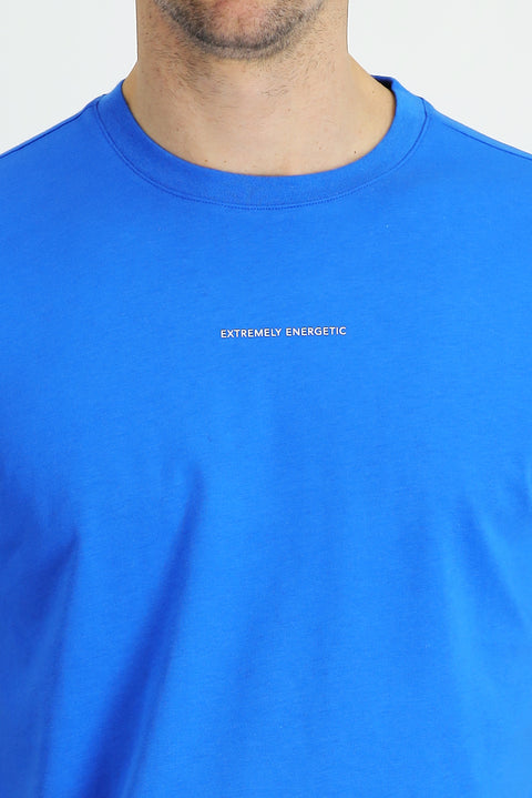 Çivit Mavisi Bisiklet Yaka Regular Fit Baskılı Pamuk Tişört