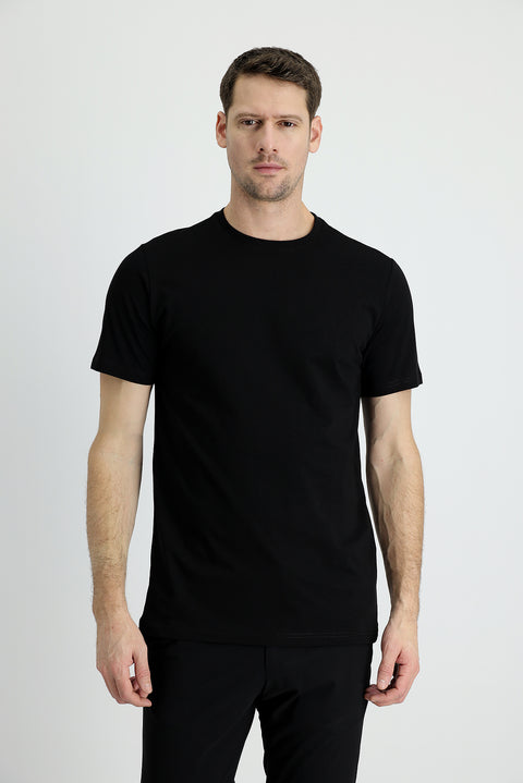 Siyah Bisiklet Yaka Slim Fit Dar Kesim Süprem Pamuk Tişört