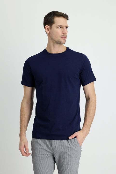 Orta Lacivert Bisiklet Yaka Slim Fit Dar Kesim Süprem Pamuk Tişört