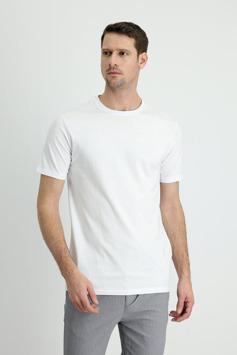 Beyaz Bisiklet Yaka Slim Fit Dar Kesim Süprem Pamuk Tişört