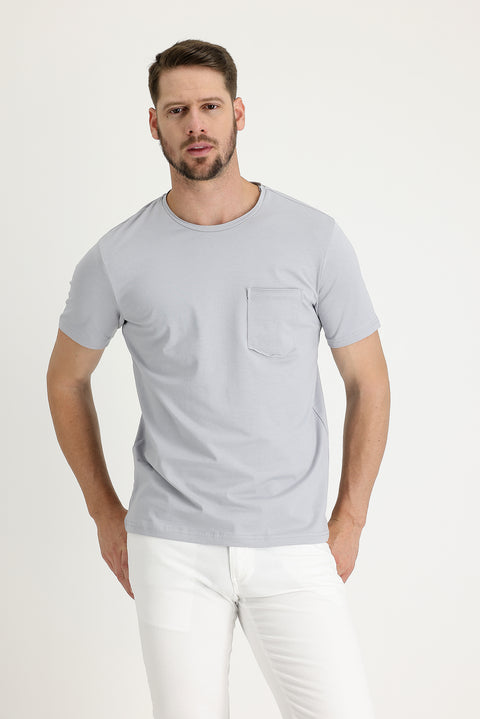 Orta Gri Bisiklet Yaka Slim Fit Dar Kesim Tişört