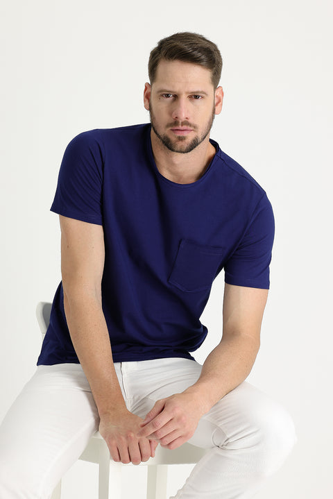 Orta Lacivert Bisiklet Yaka Slim Fit Dar Kesim Tişört