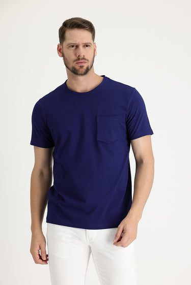 Orta Lacivert Bisiklet Yaka Slim Fit Dar Kesim Tişört