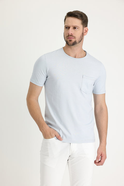 Açık Mavi Bisiklet Yaka Slim Fit Dar Kesim Tişört