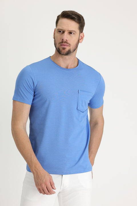 Havacı Mavi Bisiklet Yaka Slim Fit Dar Kesim Tişört