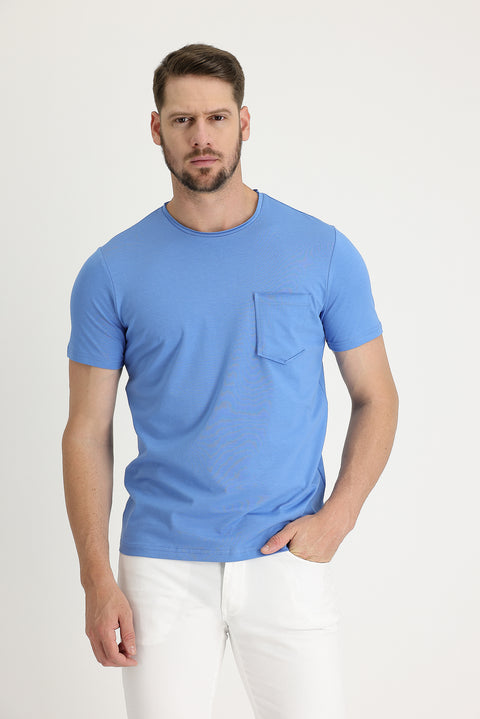 Havacı Mavi Bisiklet Yaka Slim Fit Dar Kesim Tişört