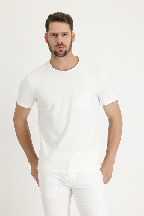 Ekru Bisiklet Yaka Slim Fit Dar Kesim Tişört