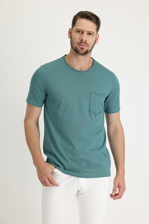 Orta Haki Bisiklet Yaka Slim Fit Dar Kesim Tişört