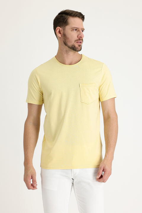 Açık Sarı Bisiklet Yaka Slim Fit Dar Kesim Tişört