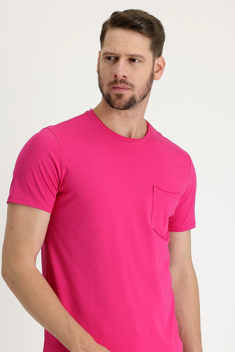 Fuşya Bisiklet Yaka Slim Fit Dar Kesim Pamuklu Tişört