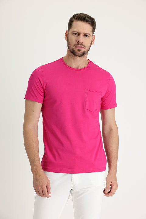 Fuşya Bisiklet Yaka Slim Fit Dar Kesim Pamuklu Tişört