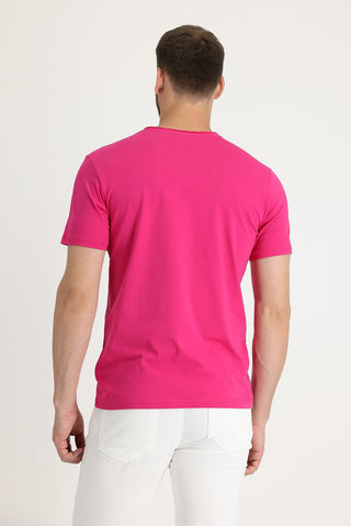  Fuşya Bisiklet Yaka Slim Fit Dar Kesim Pamuklu Tişört