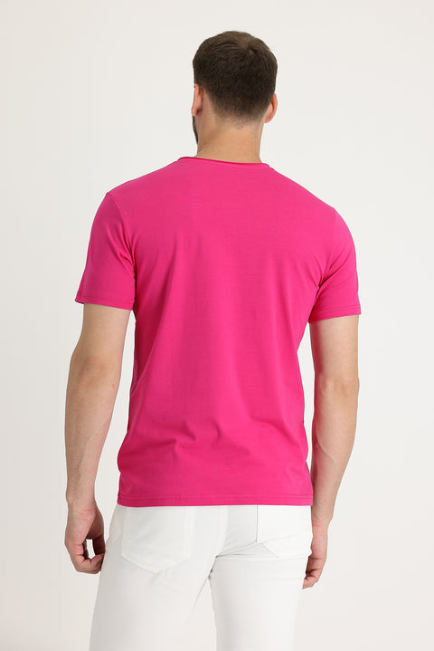 Fuşya Bisiklet Yaka Slim Fit Dar Kesim Pamuklu Tişört