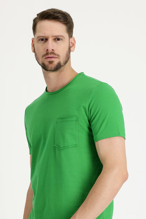 Çimen Yeşili Bisiklet Yaka Slim Fit Dar Kesim Pamuklu Tişört