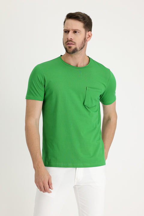 Çimen Yeşili Bisiklet Yaka Slim Fit Dar Kesim Pamuklu Tişört