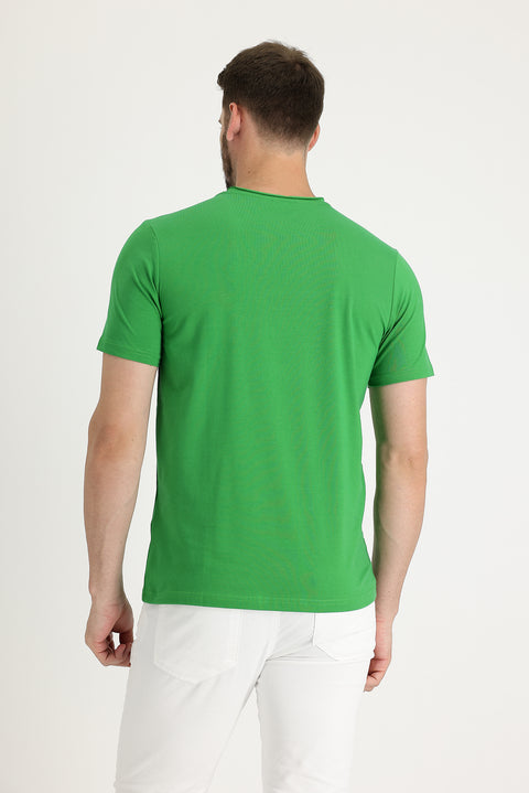 Çimen Yeşili Bisiklet Yaka Slim Fit Dar Kesim Pamuklu Tişört